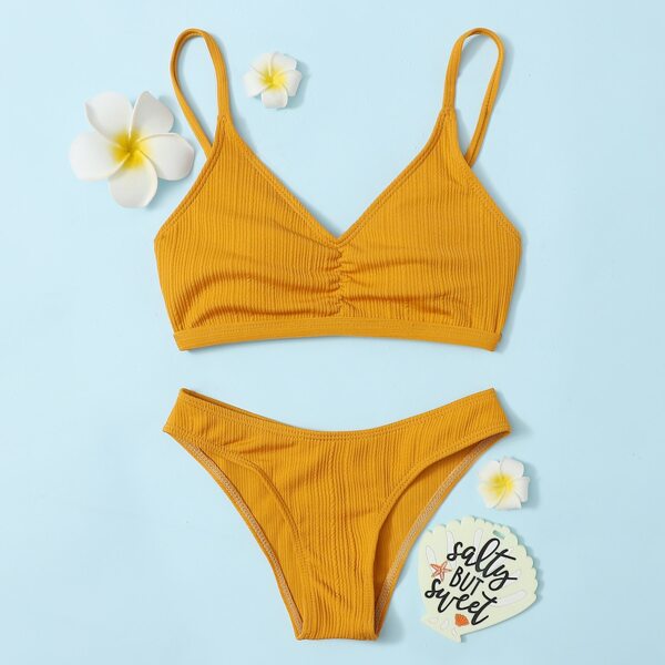 

Girls Plain Ruched Bikini Swimsuit, Mustard yellow