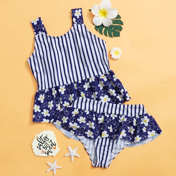 

Girls Striped & Floral Ruffle Hem Bikini Swimsuit, Blue
