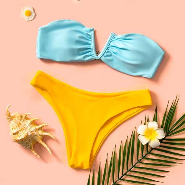 

Color Block V Wired Bandeau Bikini Swimsuit, Multicolor