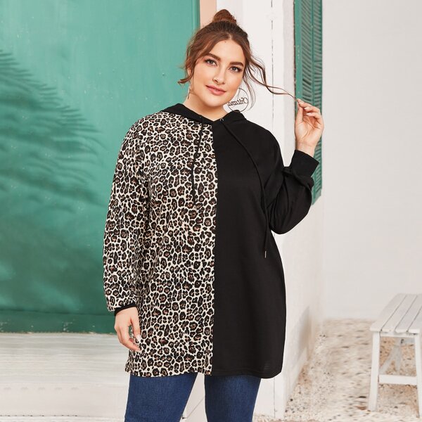 

Plus Leopard Spliced Drawstring Hoodie, Multicolor