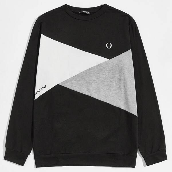 

Men Slogan and Graphic Print Colorblock Pullover, Black