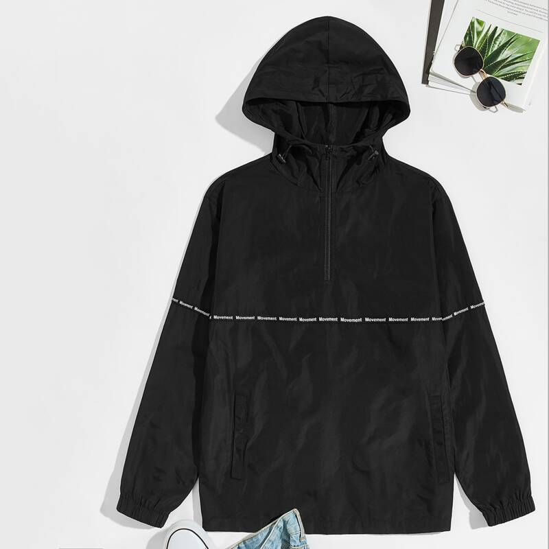 

Guys Letter Tape Detail Hooded Wind Anorak Jacket, Black