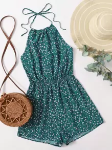 Soleia Ditsy Floral Print Tie Back Halter Romper - Teal Blue - View 1