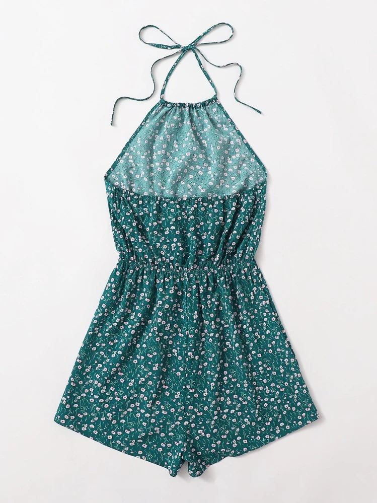 Soleia Ditsy Floral Print Tie Back Halter Romper - Teal Blue - View 2