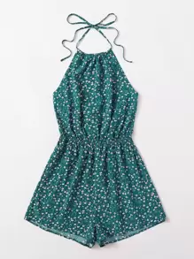Soleia Ditsy Floral Print Tie Back Halter Romper - Teal Blue - View 4