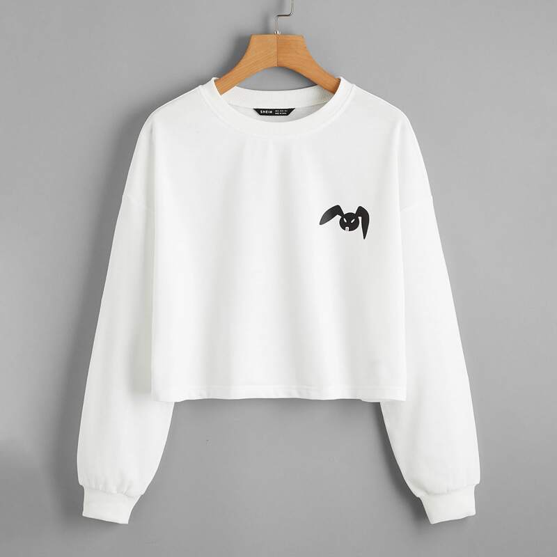 

Rabbit Print Drop Shoulder Pullover, White