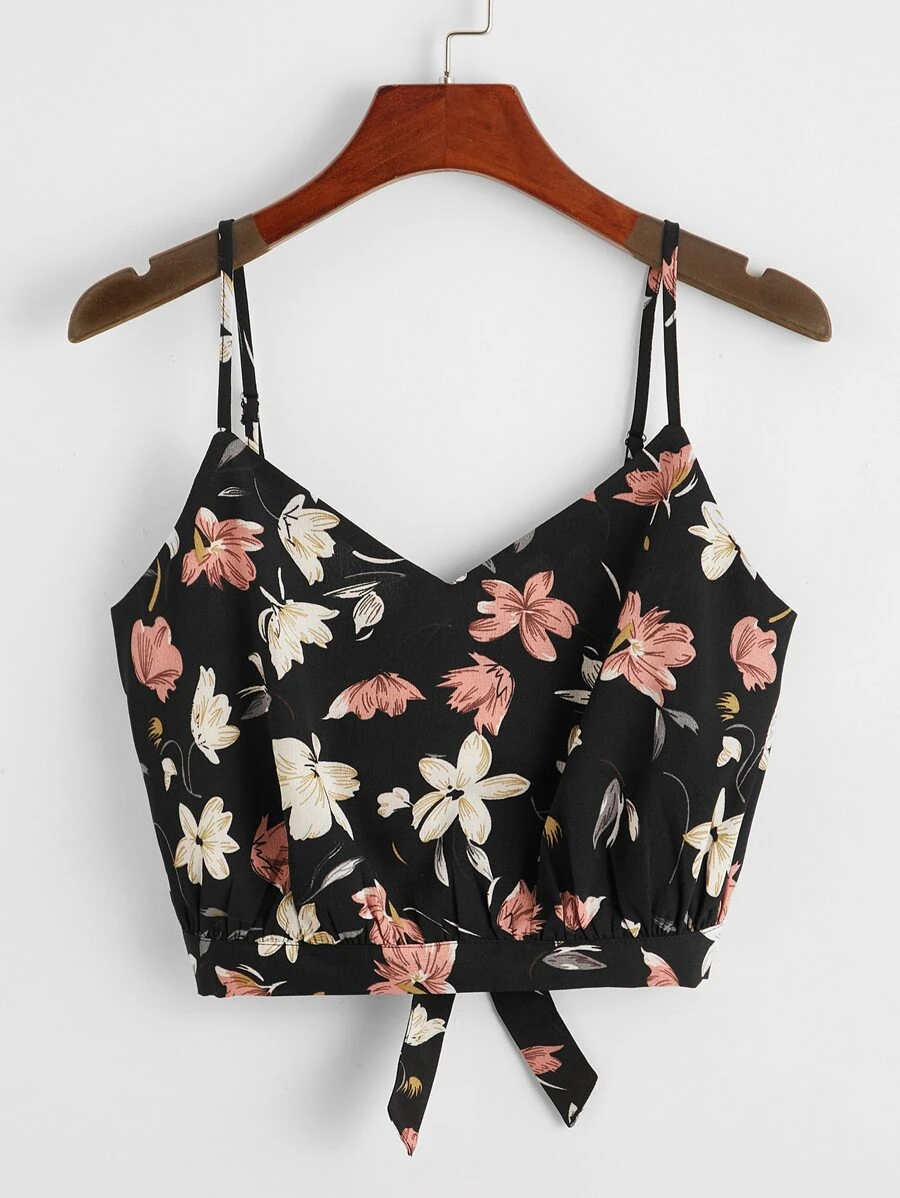SHEIN VCAY Top Cami Con Impresión Floral Y Lazo - Negro - Ver 1