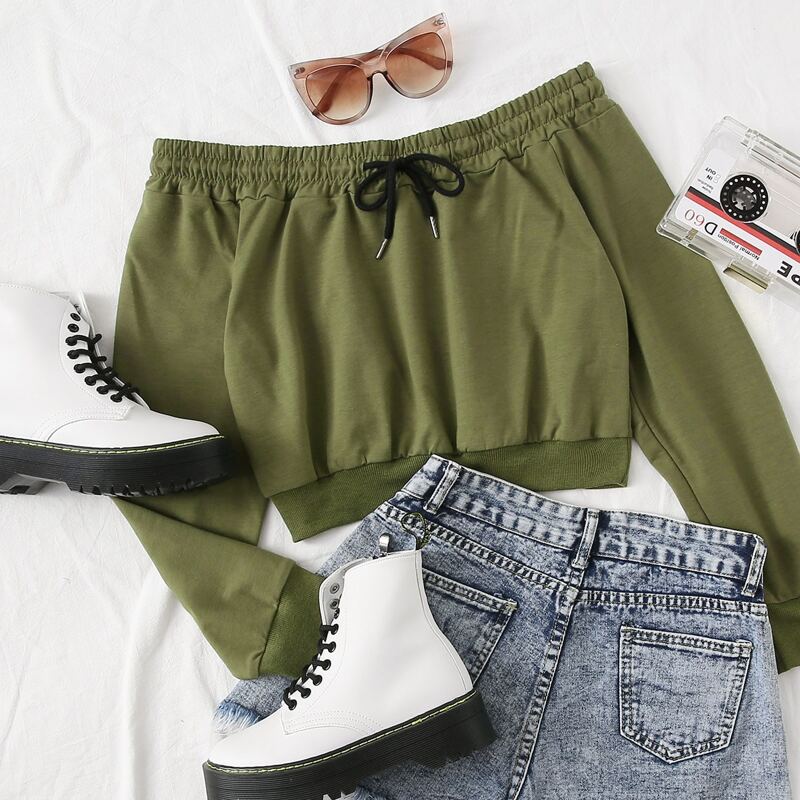 

Off Shoulder Drawstring Knot Crop Sweatshirt, Army green