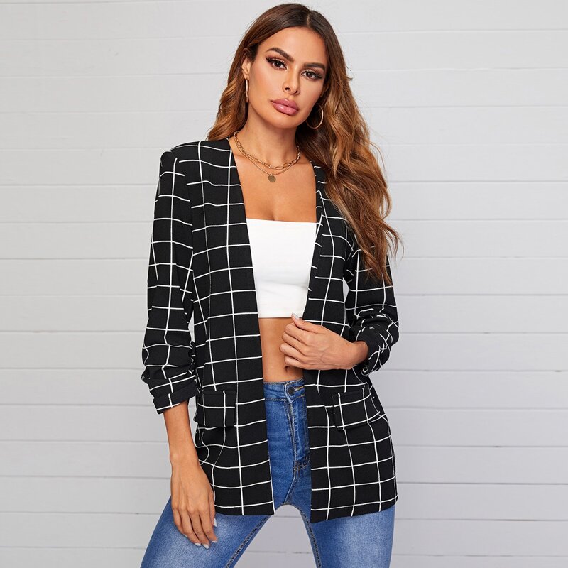 

Gathered Sleeve Grid Blazer, Black