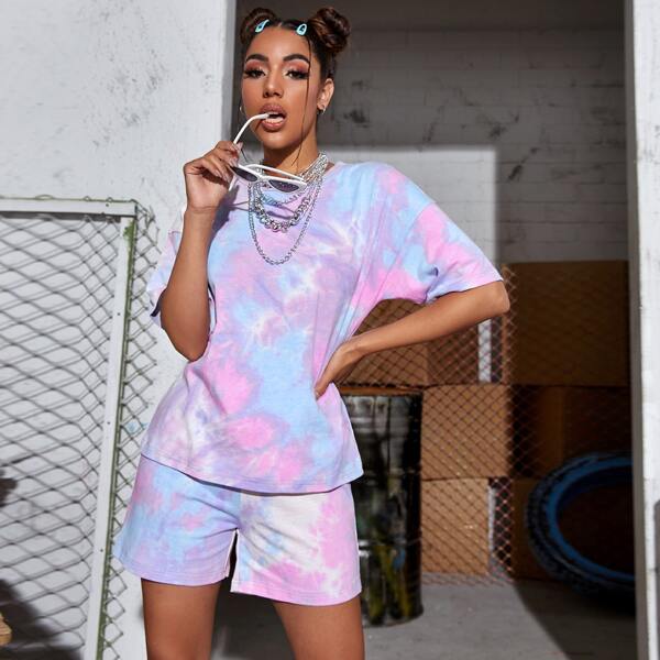 

Drop Shoulder Tie Dye Tee & Track Shorts Set, Multicolor
