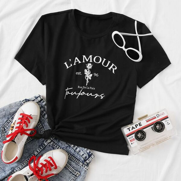 

French Letter and Floral Graphic Tee, Black