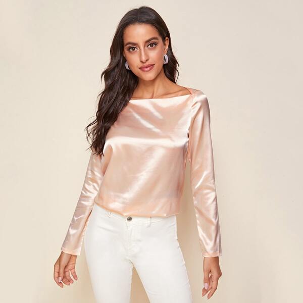 

Boat Neck Solid Satin Top, Baby pink