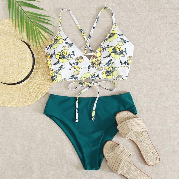 

Floral Lace-up Back Bikini Swimsuit, Multicolor