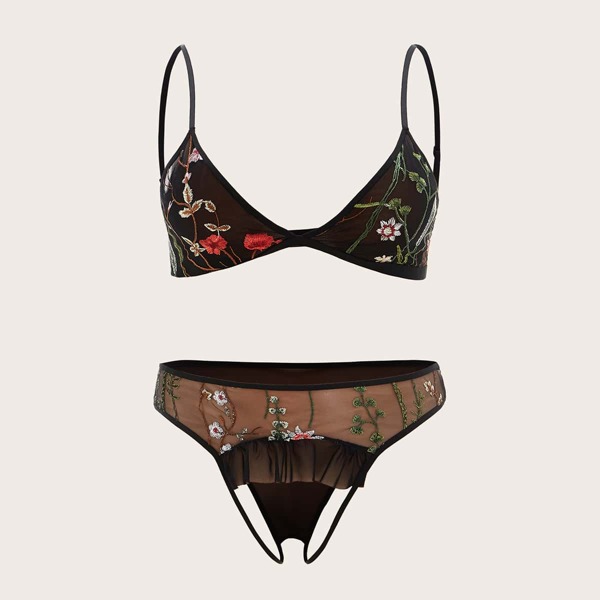 

Plus Floral Embroidered Mesh Crotchless Lingerie Set, Black