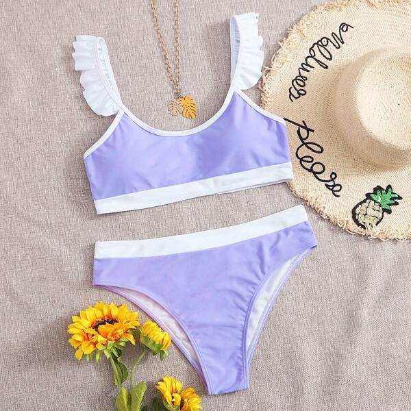 

Ruffle Trim Bikini Swimsuit, Lilac purple