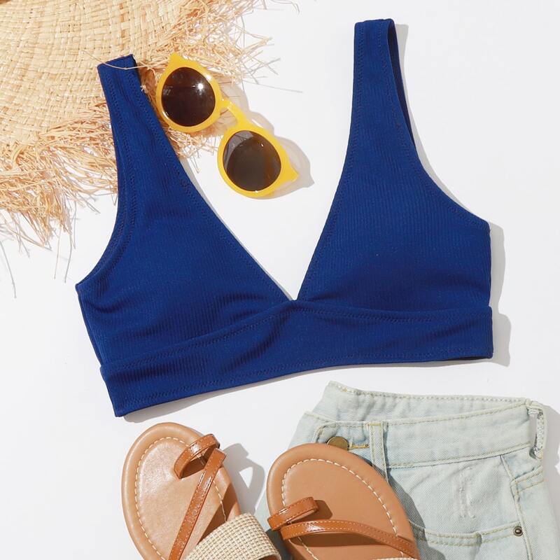 

Rib V Neck Bikini Top, Navy blue