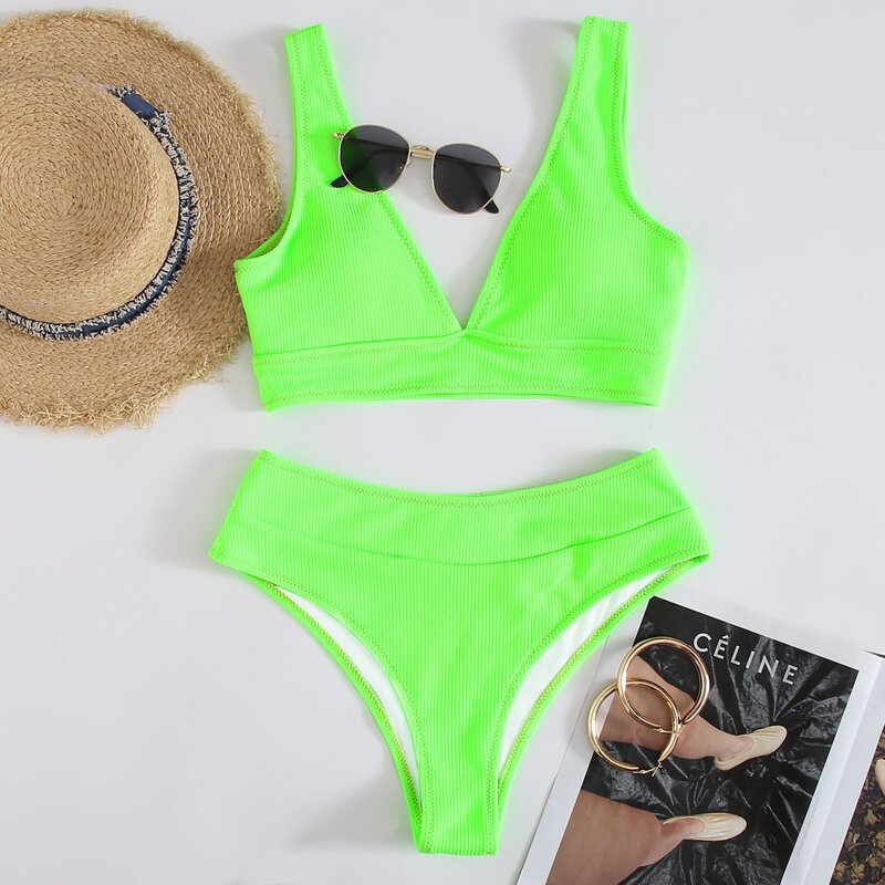 

Neon Green Rib V Neck High Waisted Bikini Swimsuit, Neon lime green