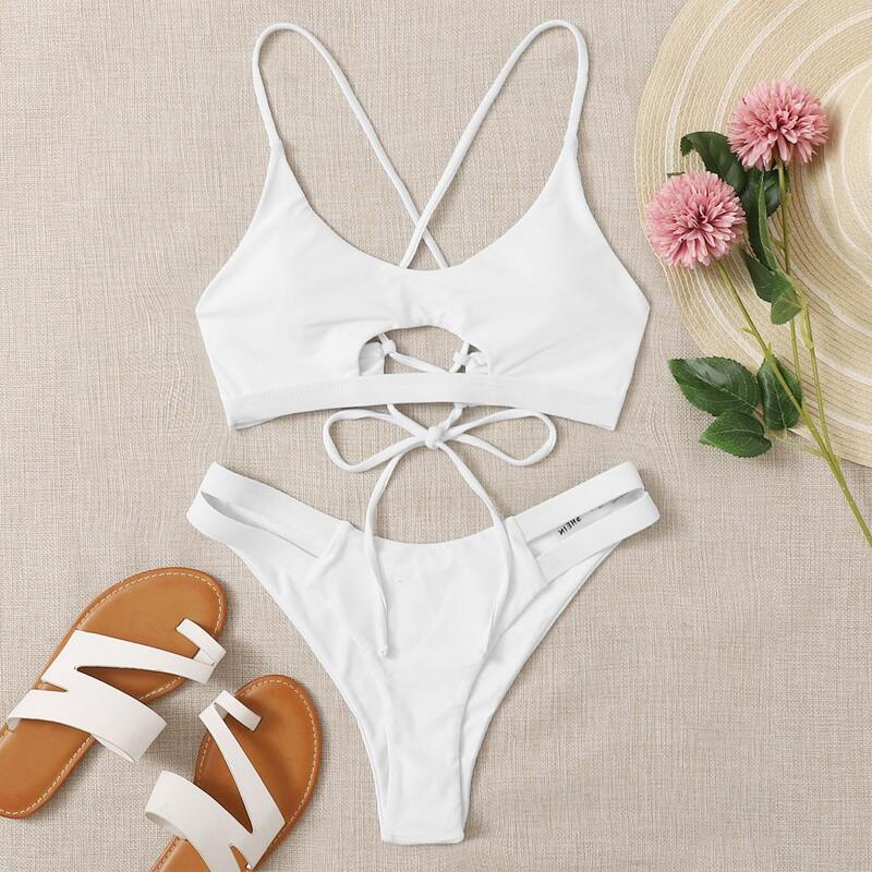 

Cut-out Tie Back High Cut Bikini Swimsuit, White
