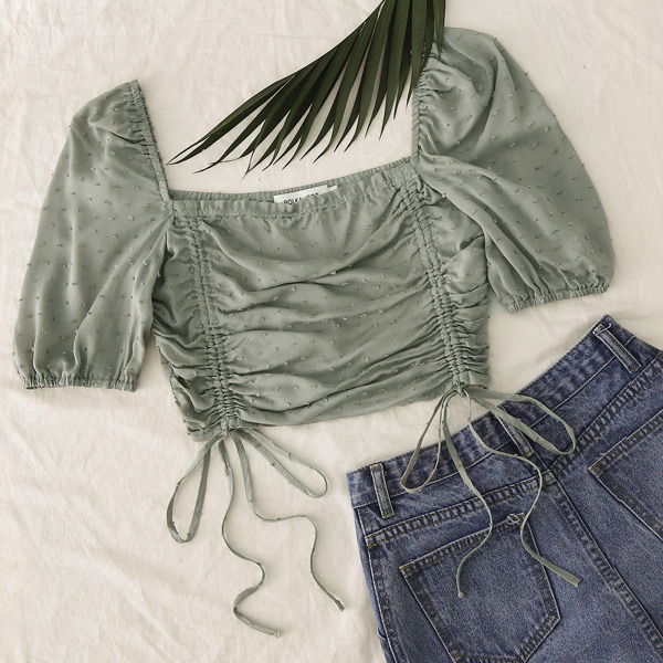 

Plus Ruched Drawstring Knot Swiss Dot Crop Top, Mint green