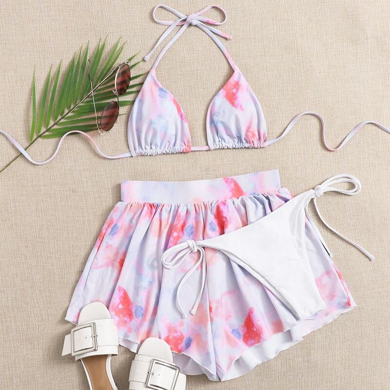 

3pack Tie Dye Triangle Tie Side Bikini Swimsuit, Multicolor