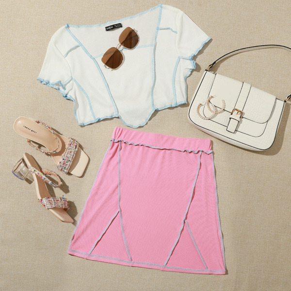 

Stitch Trim Rib-knit Skirt, Pink
