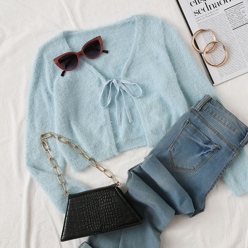 

Tie Front Fluffy Knit Crop Cardigan, Baby blue