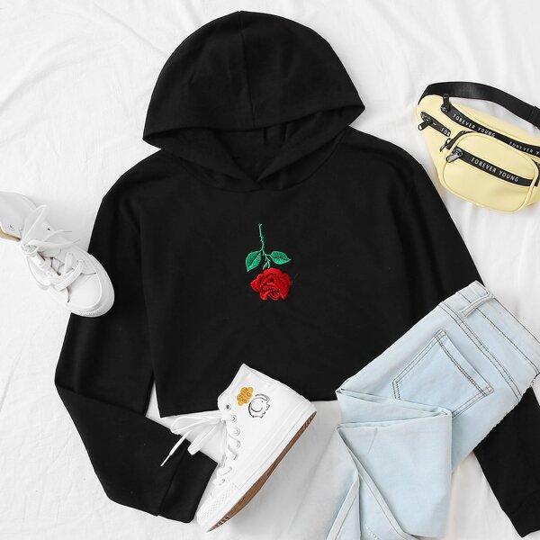 

Rose Embroidery Crop Hoodie, Black