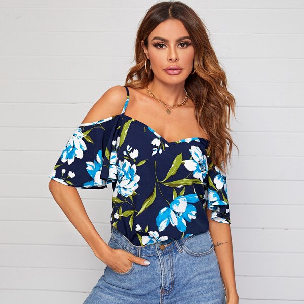 

Cold Shoulder Floral Top, Navy blue
