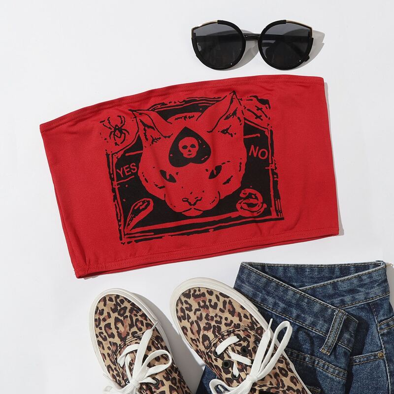 

Cat Graphic Crop Tube Top, Red