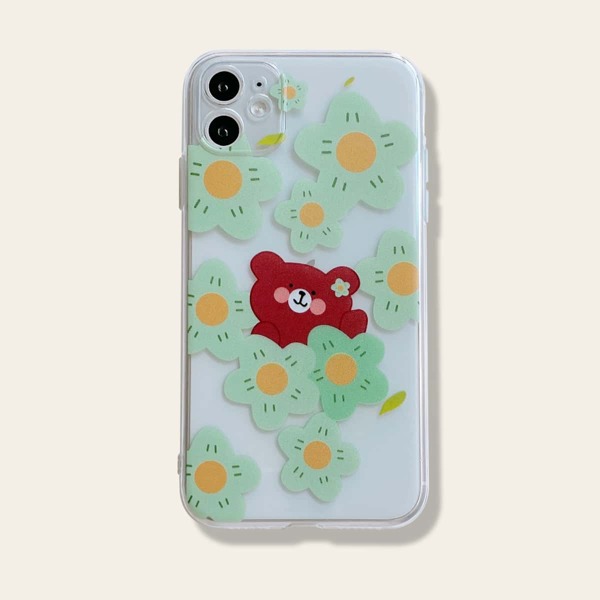 

1pc Bear & Flower Pattern iPhone Case, Multicolor