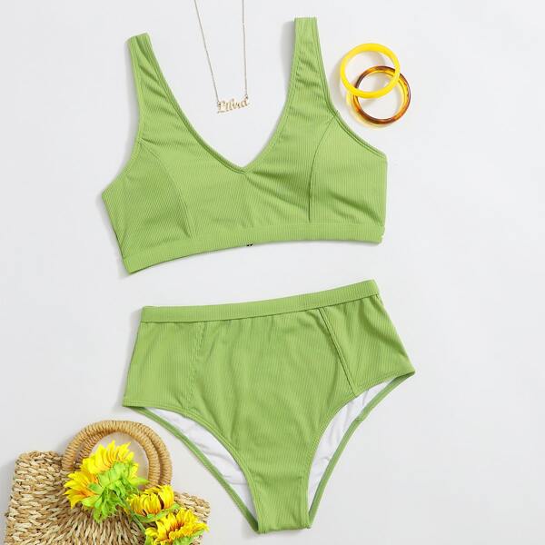 

Rib High Waisted Bikini Swimsuit, Pastel lime green
