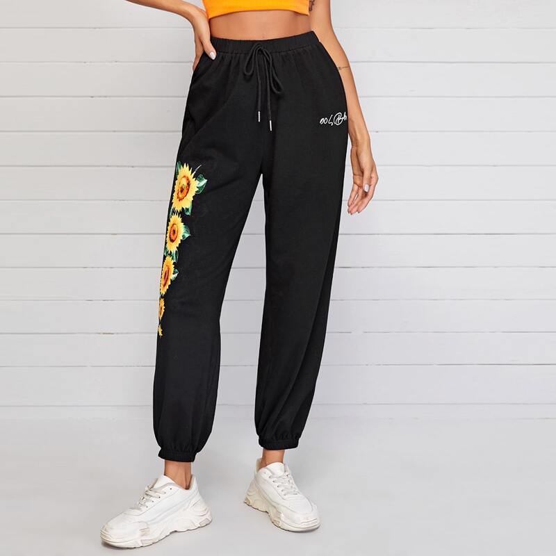 

Letter and Sunflower Print Drawstring Waist Sweatpants, Black