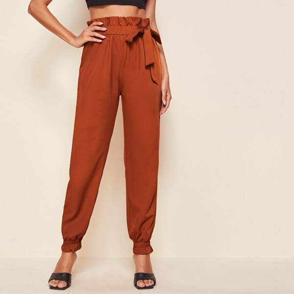 

Solid Paperbag Waist Knot Carrot Pants, Burnt orange