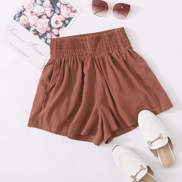 

Shirred Waist Wide Leg Shorts, Redwood