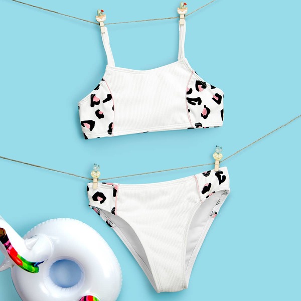 

Girls Leopard Rib Bikini Swimsuit, White
