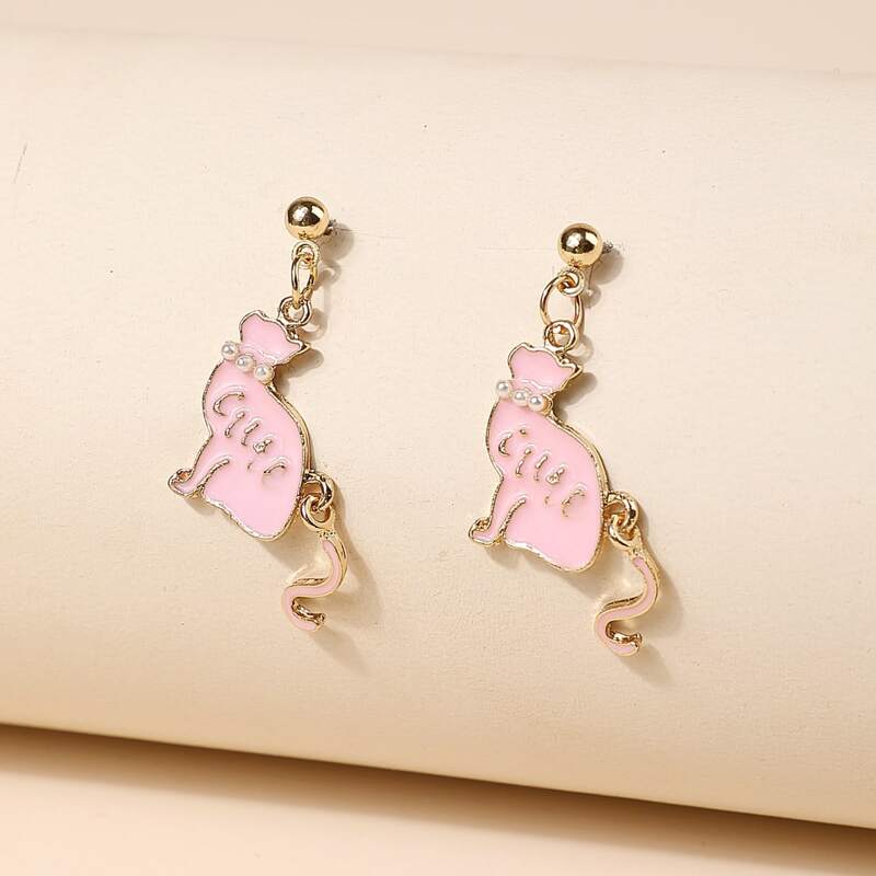 

Faux Pearl Cat Shaped Drop Earrings, Pink