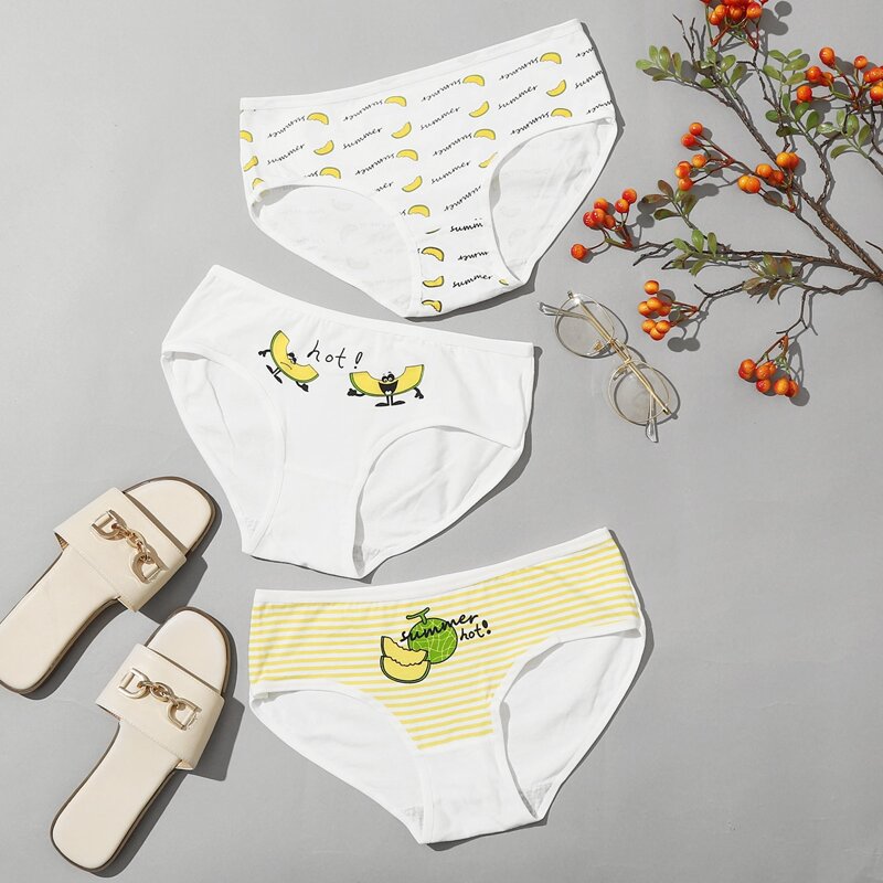 

3pack Stripe & Fruit Print Panty Set, White