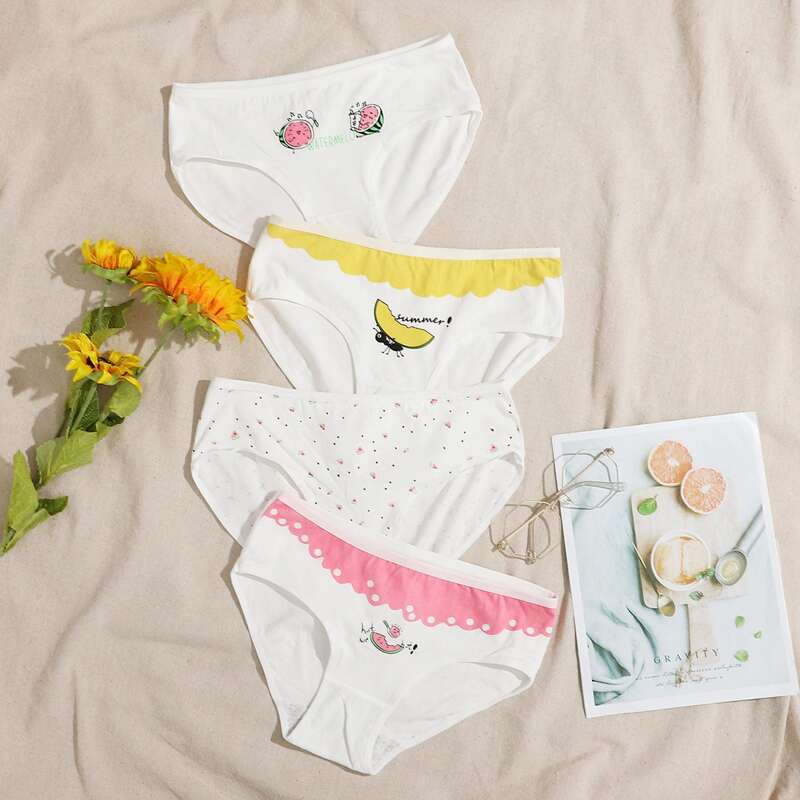 

4pack Fruit & Cartoon Pattern Panty Set, White