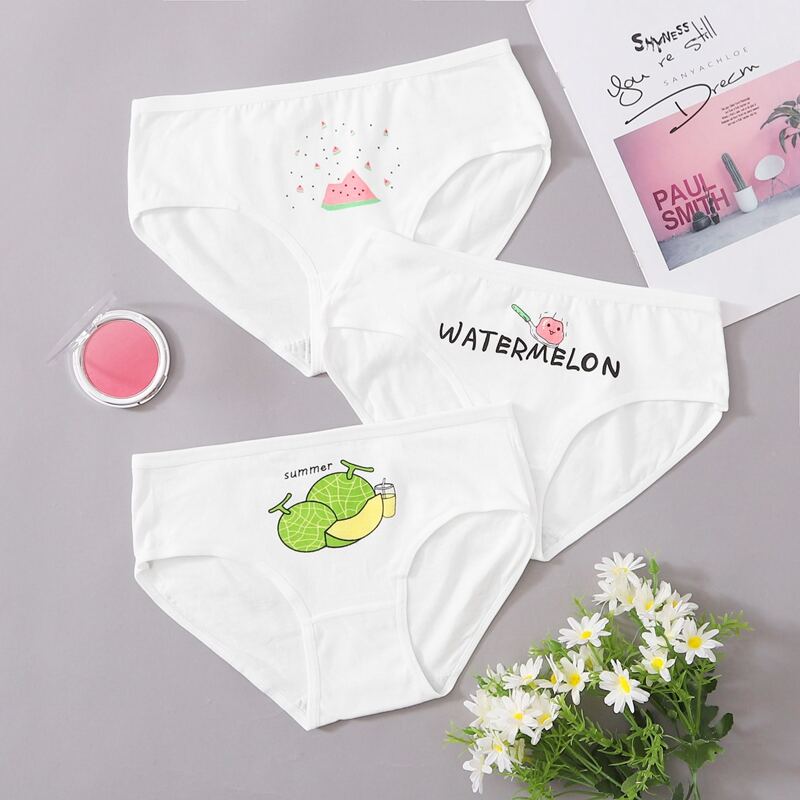 

3pack Fruit & Letter Print Panty Set, White