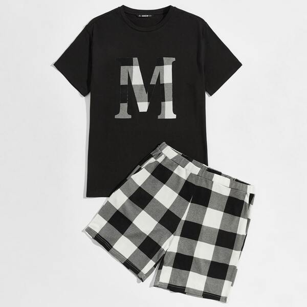 

Men Letter Graphic Tee & Buffalo Plaid Shorts PJ Set, Black and white