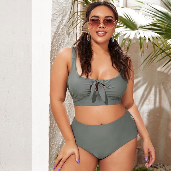 

Plus Knot Front High Waisted Bikini Swimsuit, Grey