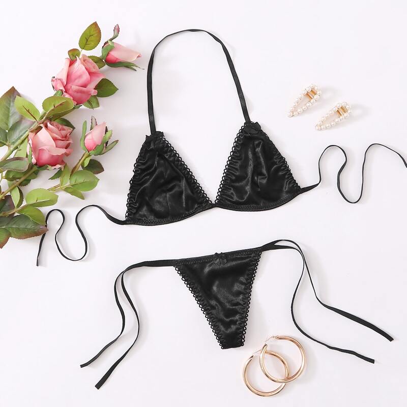 

Triangle Tie Side Lingerie Set, Black