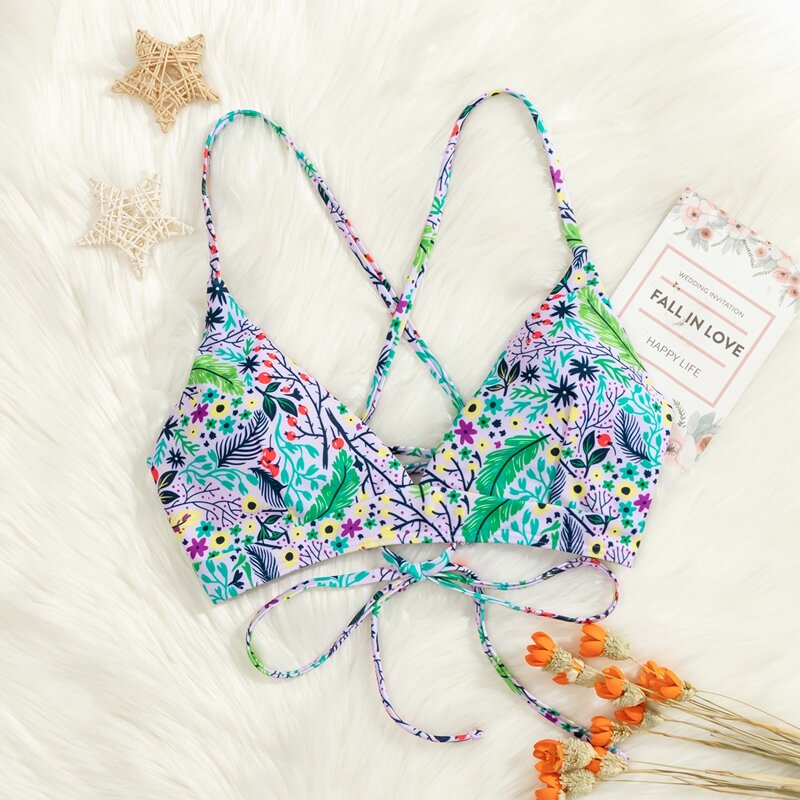 

Plant Print Tie Back Bikini Top, Multicolor