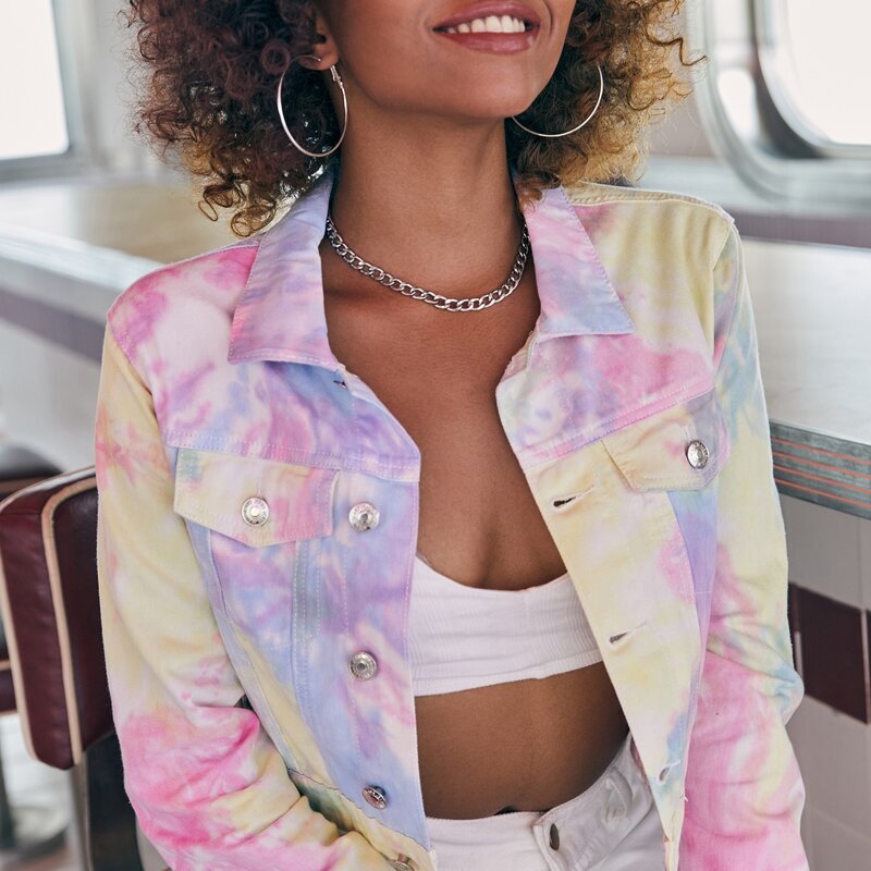 

Flap Pocket Tie Dye Denim Jacket, Multicolor