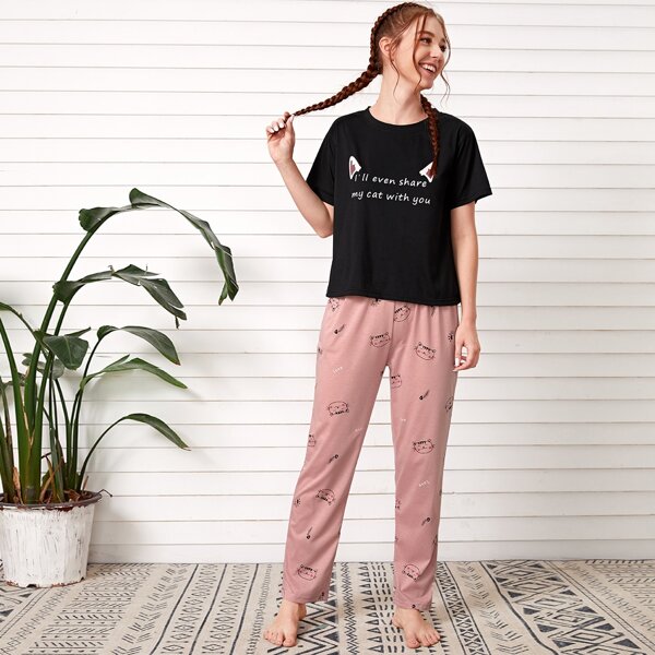 

Cartoon And Slogan Graphic Pajama Set, Multicolor