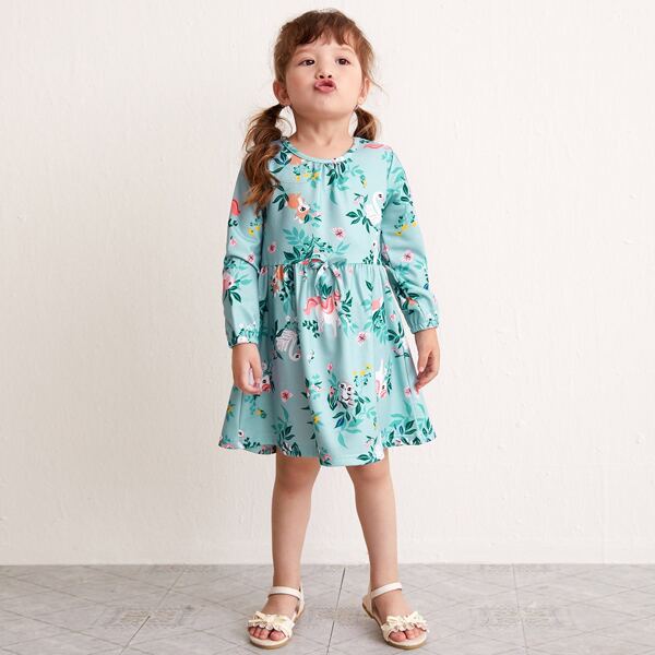 

Toddler Girls Cartoon Graphic Bow Front Babydoll Dress, Mint blue