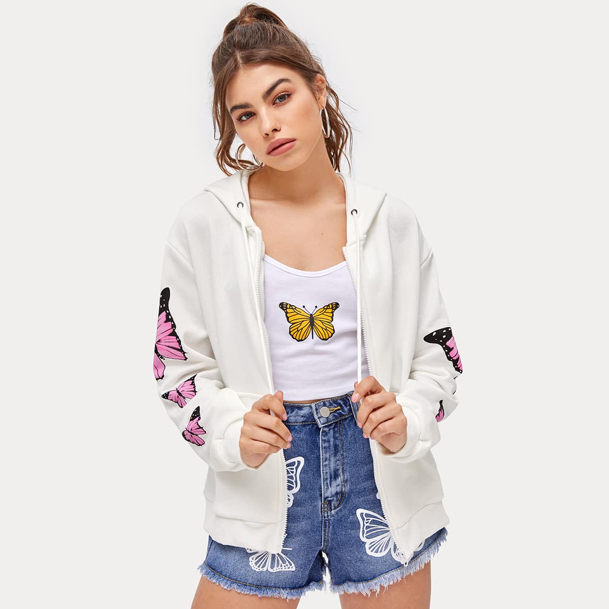 

Butterfly Print Zip Up Hooded Sweatshirt, White