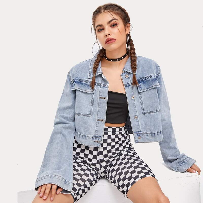 

Flap Pocket Button Front Crop Denim Jacket, Light wash