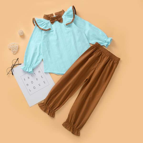 

Toddler Girls Ruffle Bow Front Blouse With Pants, Multicolor