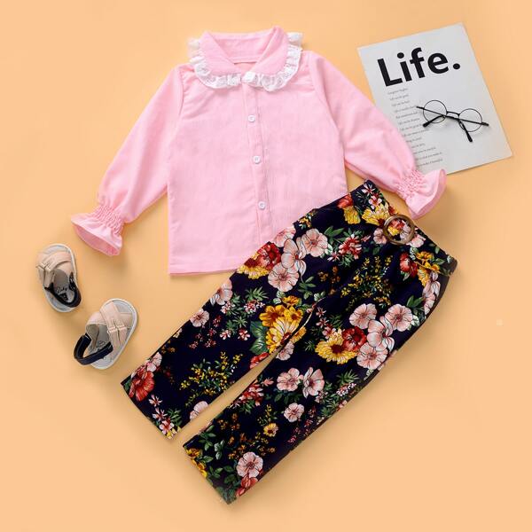 

Toddler Girls Schiffy Trim Blouse & Floral Pants, Multicolor